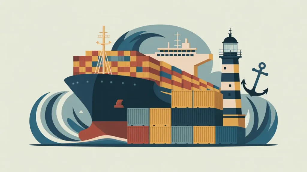 Illustration of cargo ship lighthouse and stacked shipping containers with wave and anchor icons