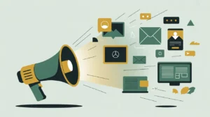 Glowing megaphone projecting social media email and print icons