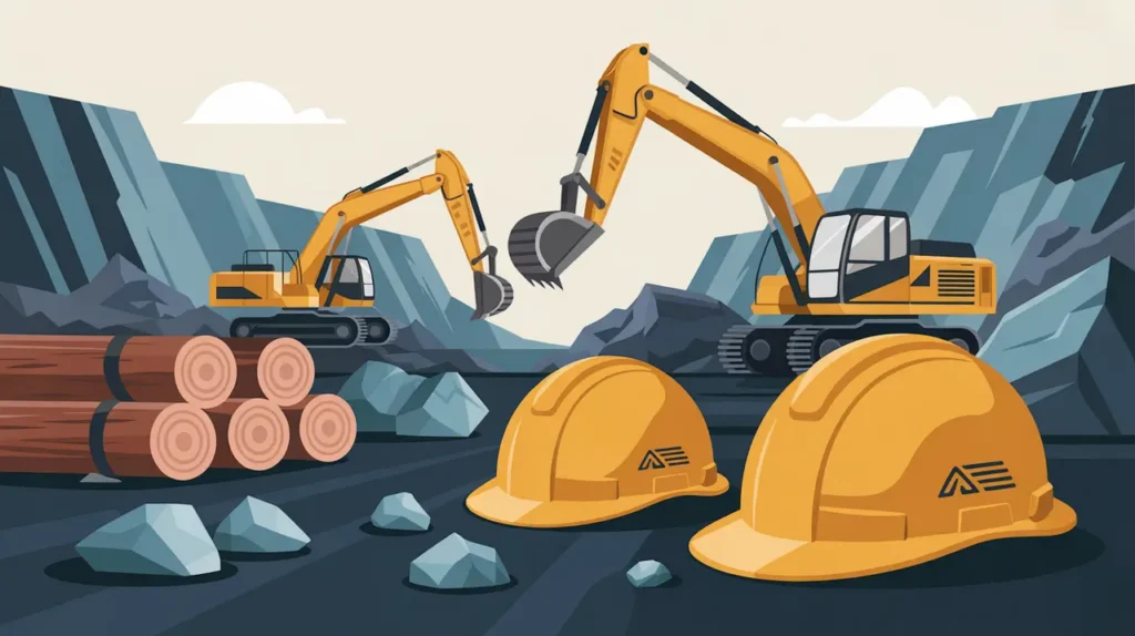 Mining scene with excavators, conveyor belts, logs, and mineral samples