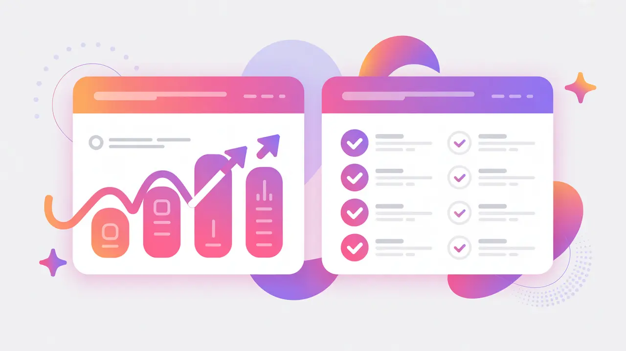 Two dashboards side by side showing progress arrows and compliance checkmarks