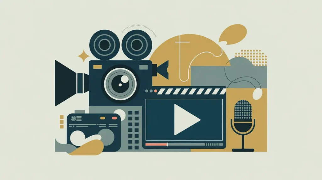 Illustration of film camera digital editing screen and microphone with play and record icons