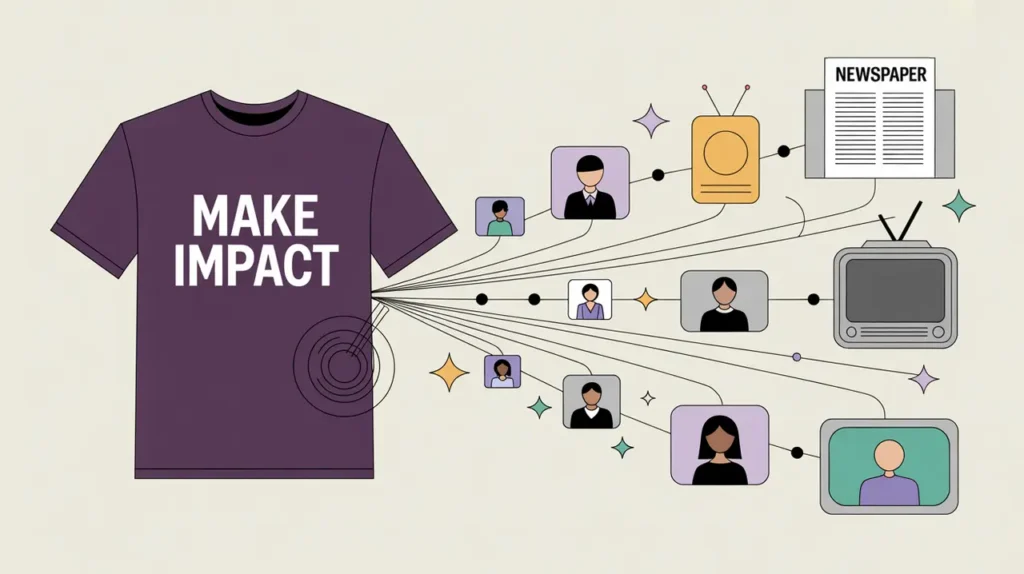 Illustration of media icons connected to human avatars with Make Impact T-shirt