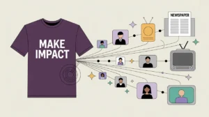 Illustration of media icons connected to human avatars with Make Impact T-shirt