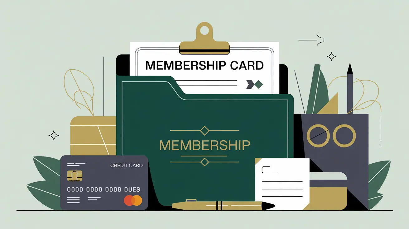 Membership card in folder with calculator pen and sticky notes