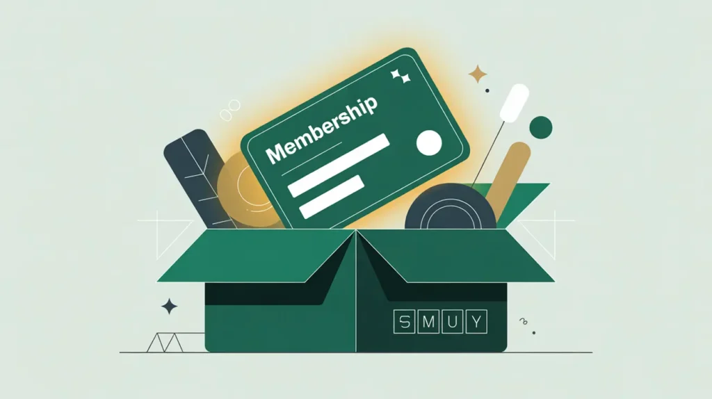Glowing membership card in open box with community items