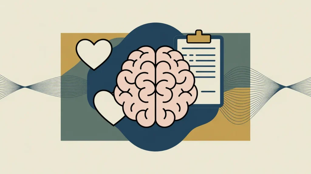 Illustration of brain, heart, and medical clipboard with calming wave lines