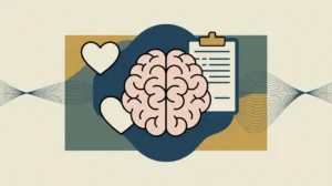 Illustration of brain, heart, and medical clipboard with calming wave lines