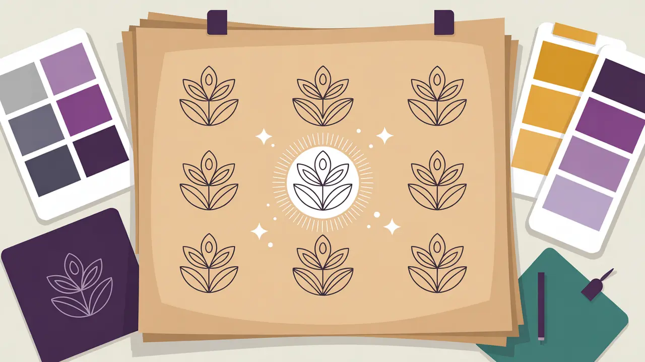 Design scene with evolving logo versions, color swatches, and typography blocks