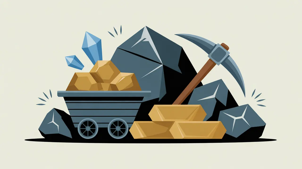 Illustration of ore rocks mining cart and metal ingots with geometric accents