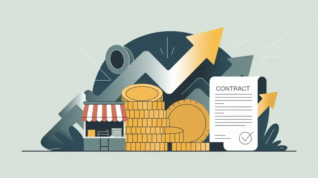 Illustration of stacked coins, small shop stall, and contract with growth arrows