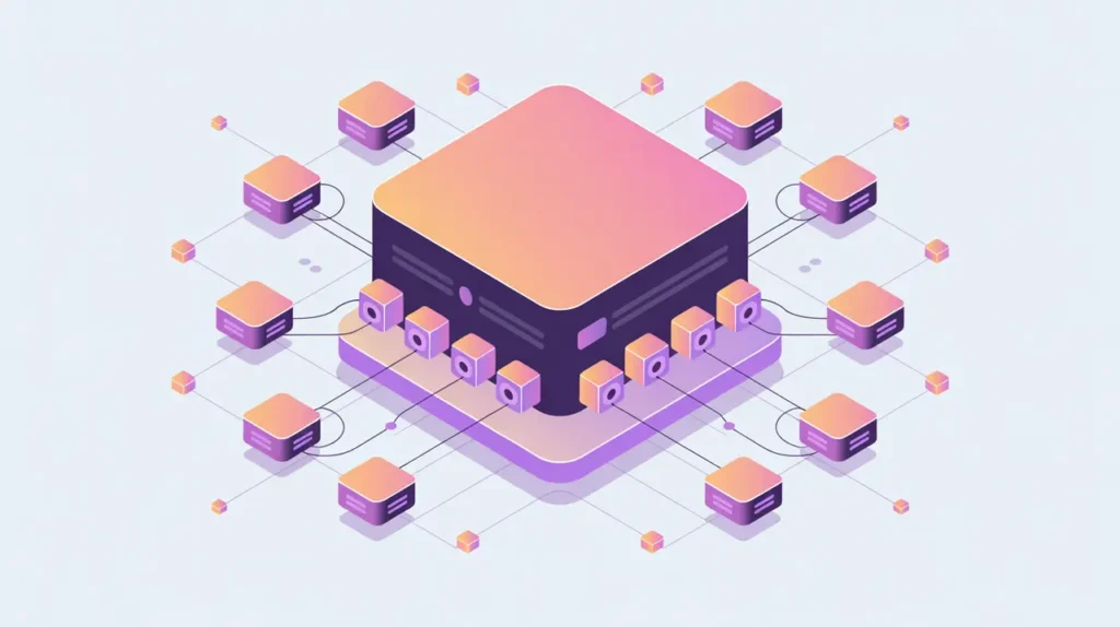 Large monolith block contrasted with many small connected microservice blocks