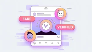 Social media feed with fake and verified icons highlighting misinformation detection