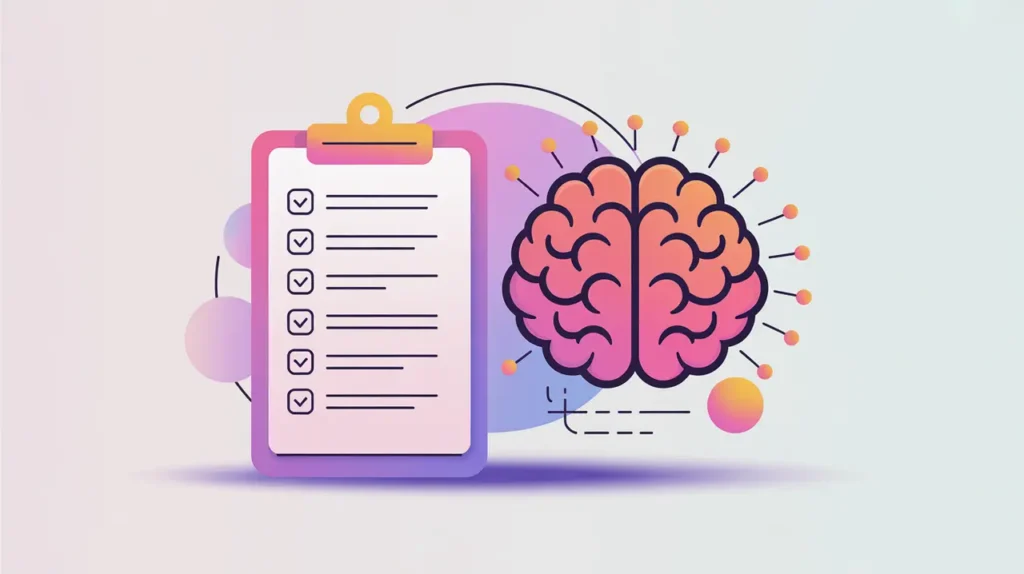 Checklist clipboard next to AI brain icon symbolizing language model evaluation