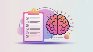 Checklist clipboard next to AI brain icon symbolizing language model evaluation