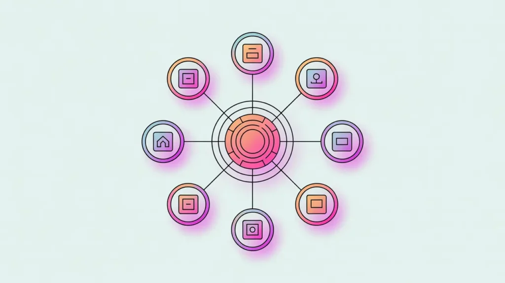 Central model hub connected to multiple AI icons with geometric accents