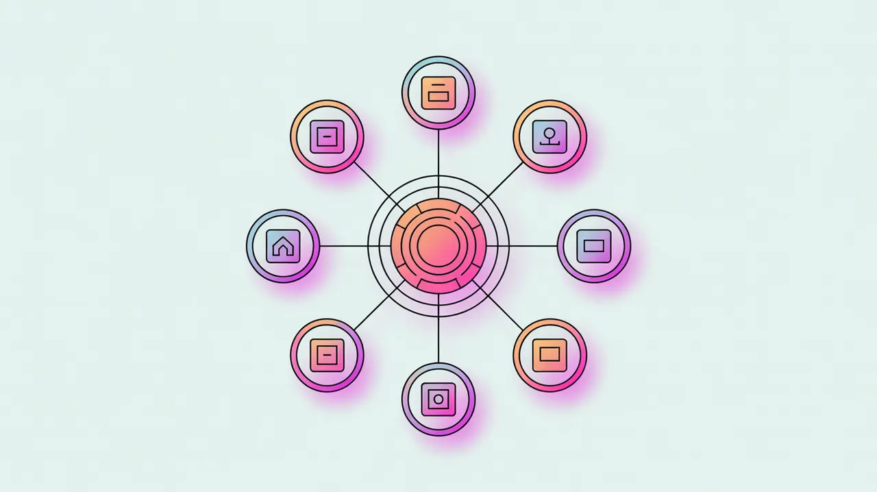 Central model hub connected to multiple AI icons with geometric accents