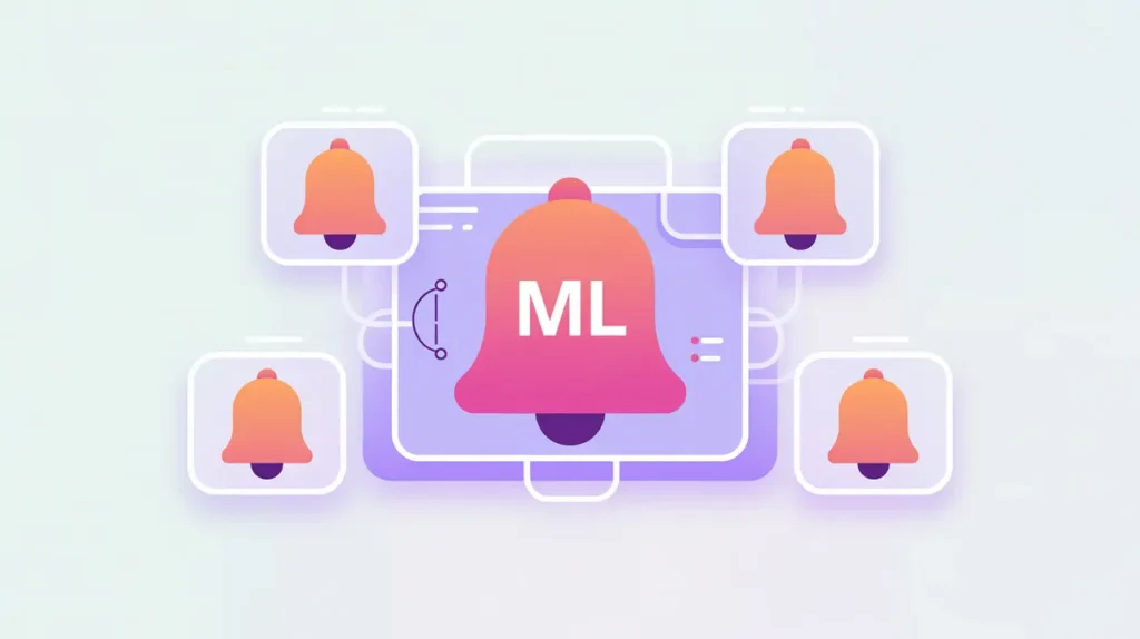 ML model dashboard with alert icons in pink and purple tones