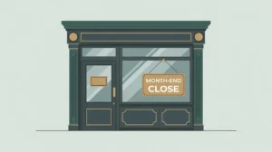 Closed shop door with month-end close sign in modern vector style