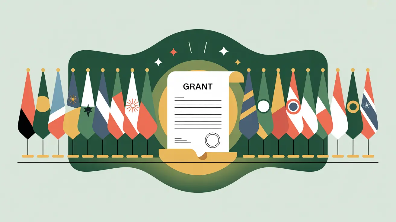 International flags behind glowing grant document in vector style