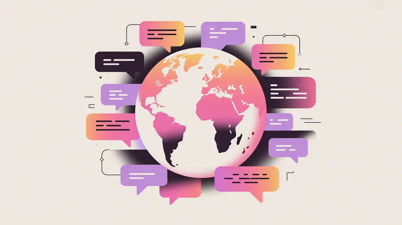 Globe with overlapping speech bubbles in different scripts