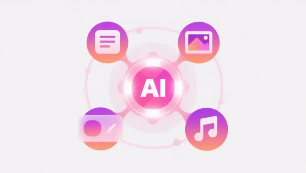 Icons of text image and audio converging into glowing AI node