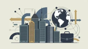 Illustration of global skyscrapers, connected globe, and briefcase with network icons