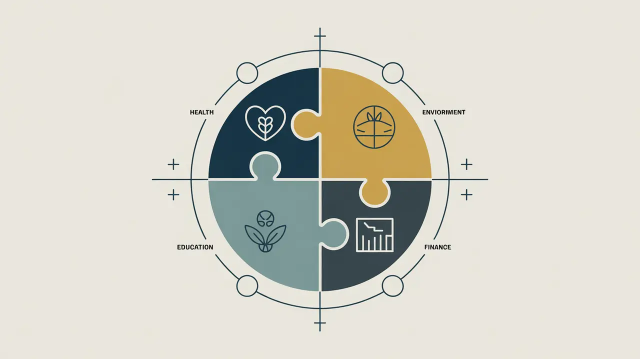 Puzzle of health education environment and finance icons connected in circle