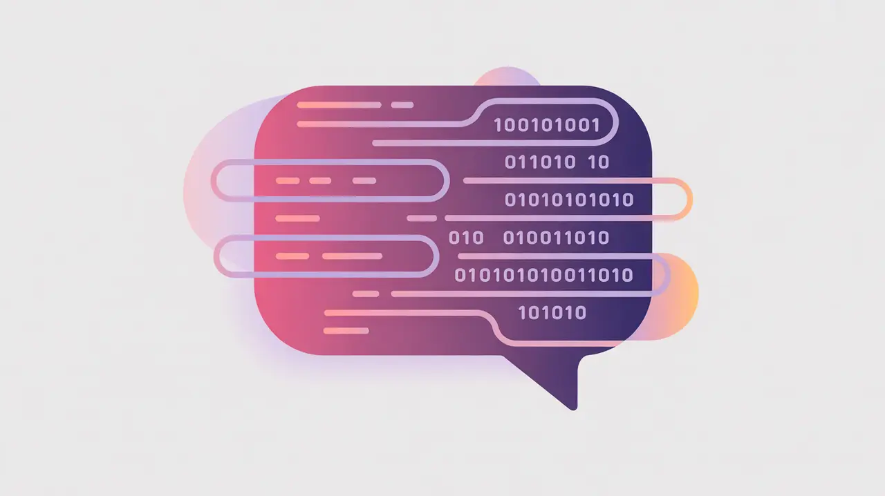 Conversation bubble with flowing text lines and binary code in pink and purple tones
