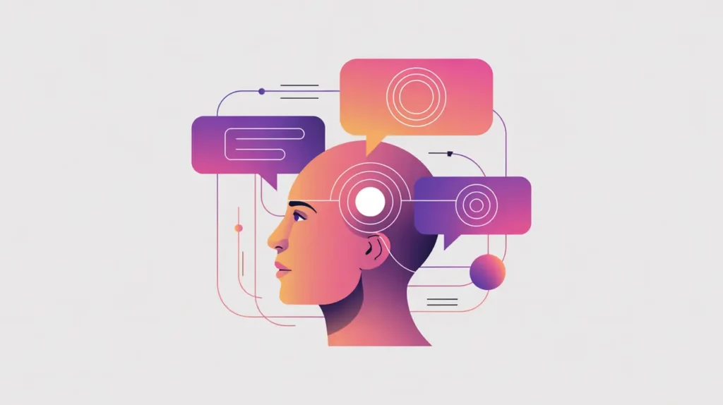 Human head profile connected to layered conversation bubbles with abstract meaning symbols