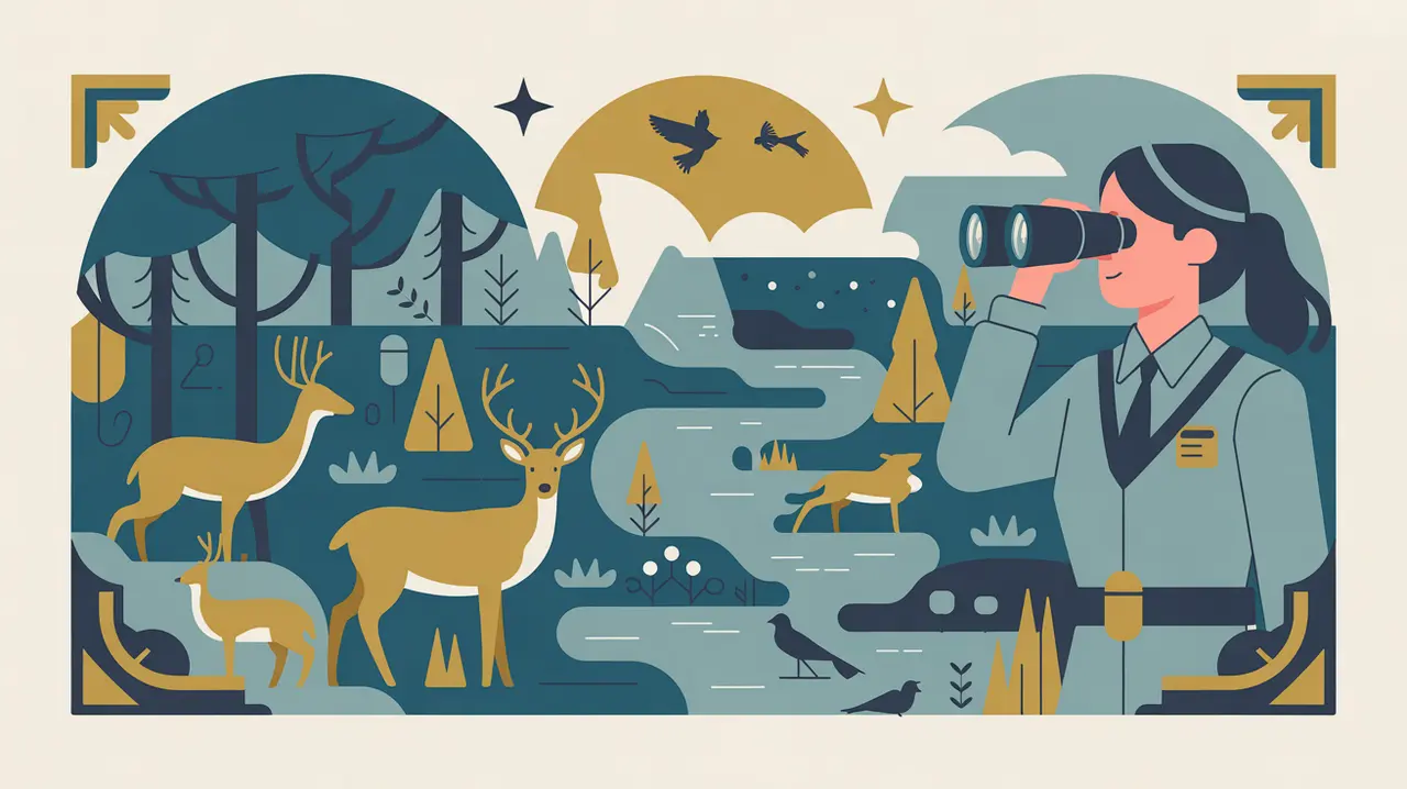 forest with river wildlife and park ranger observing