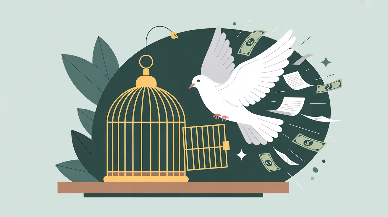 White dove released from golden cage carrying documents and currency