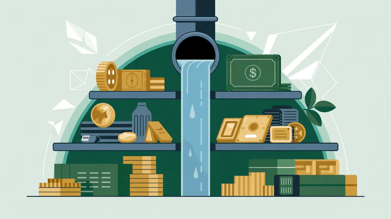 Illustration of water flowing through pipes into shelves of assets and investments