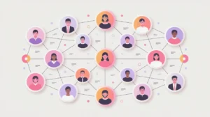 Network diagram with connected organizations sharing knowledge nodes