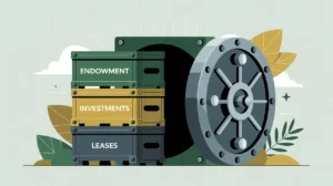 Illustration of a vault with crates labeled endowment investments and leases