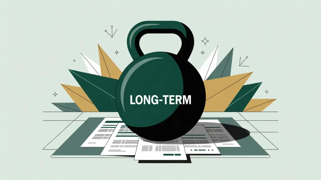 Illustration of long-term weight tethered to financial documents on desk