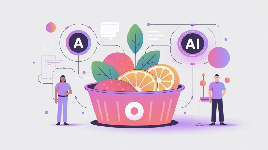 Nonprofit building connected to AI tools and community figures in vector style