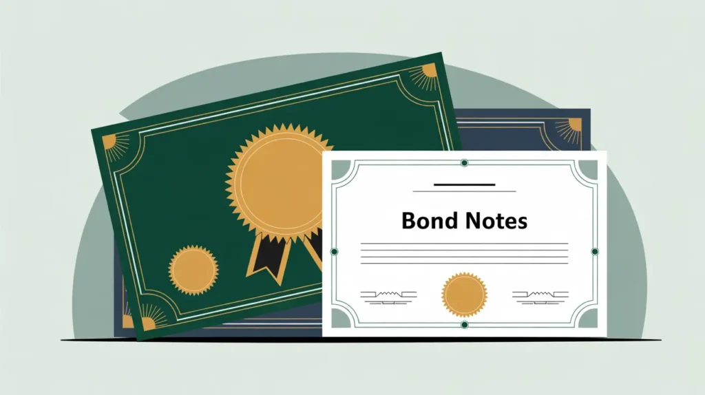 Formal bond certificates with seals and ribbons on desk