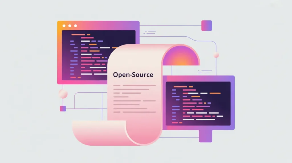 Open-source license scrolls connected to code blocks with geometric accents