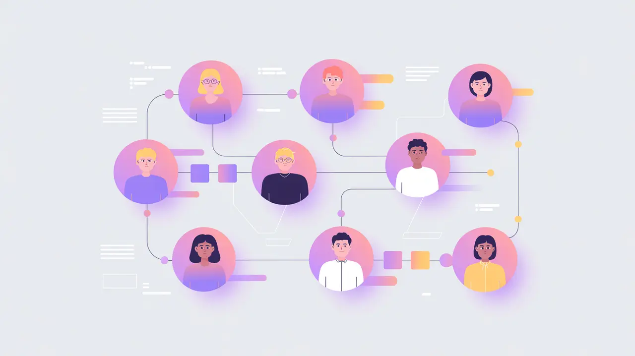 Digital team workflow board with roles and connections in pink and white
