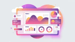 Flat vector illustration of a large dashboard with charts and gauges in pink and white