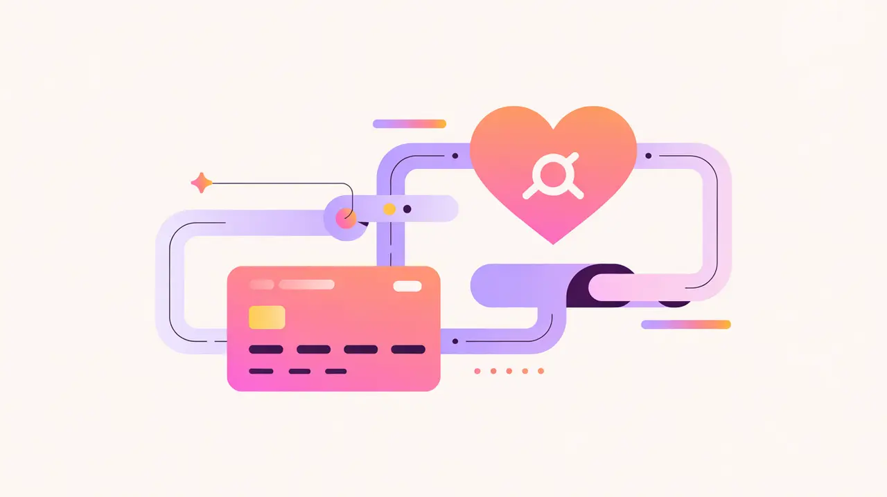 Credit card and donation heart connected to digital payment gateway