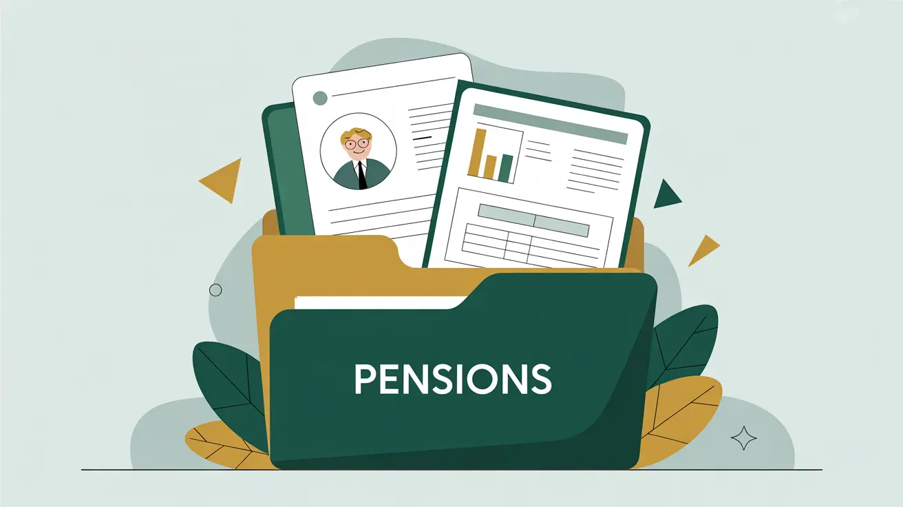 Folder labeled pensions with employee charts and benefit documents