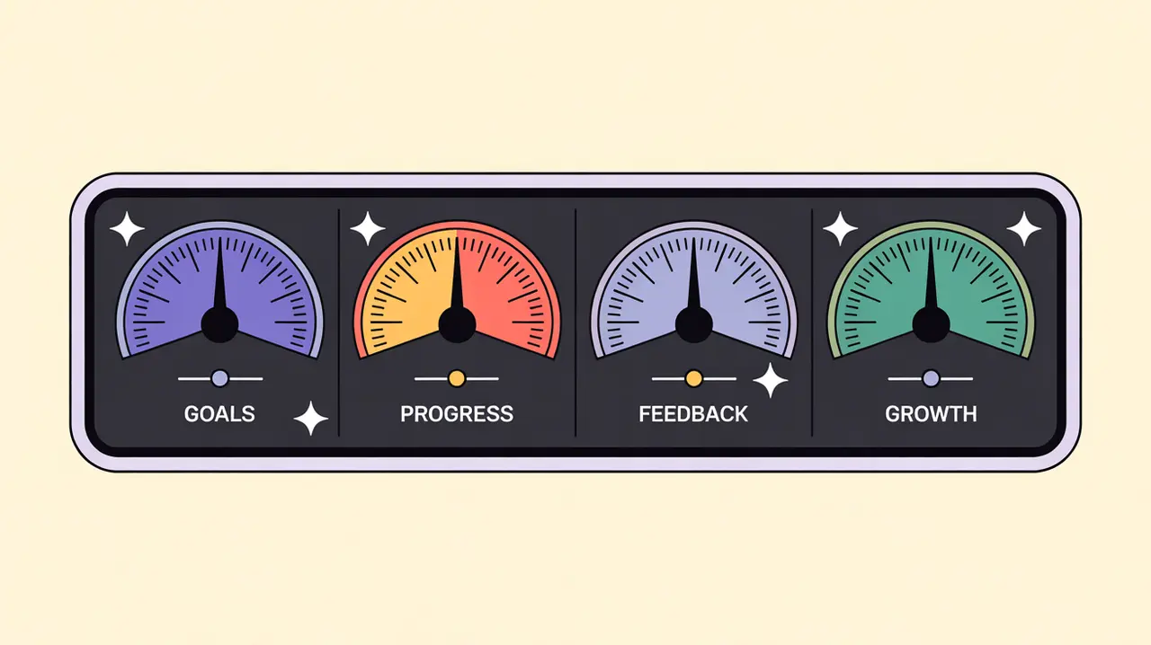 Calibration dials labeled Goals Progress Feedback Growth symbolizing performance alignment