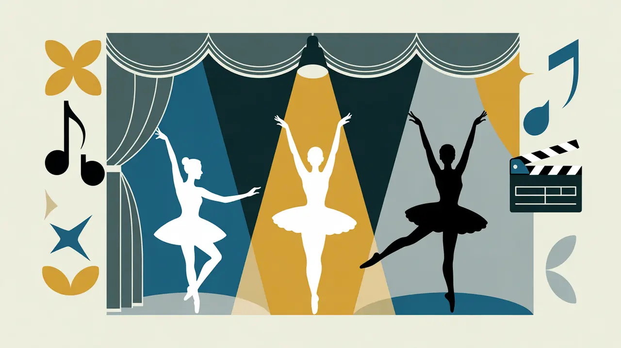 Collage of theater masks, spotlight, stage curtain, music notes, and clapperboard icons