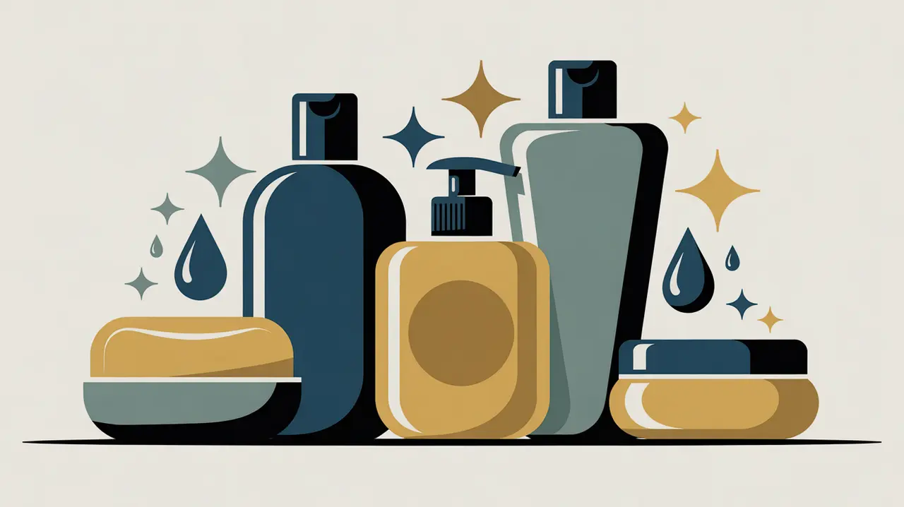 Illustration of shampoo bottles lotion jars and soap with abstract sparkle and droplet icons