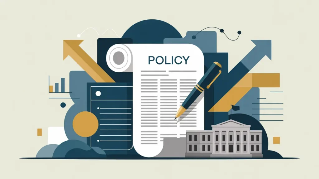 Illustration of policy document, pen, and government building silhouette with abstract charts