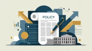 Illustration of policy document, pen, and government building silhouette with abstract charts
