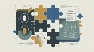 Collage of interlocking puzzle pieces flowchart and government report with abstract arrows