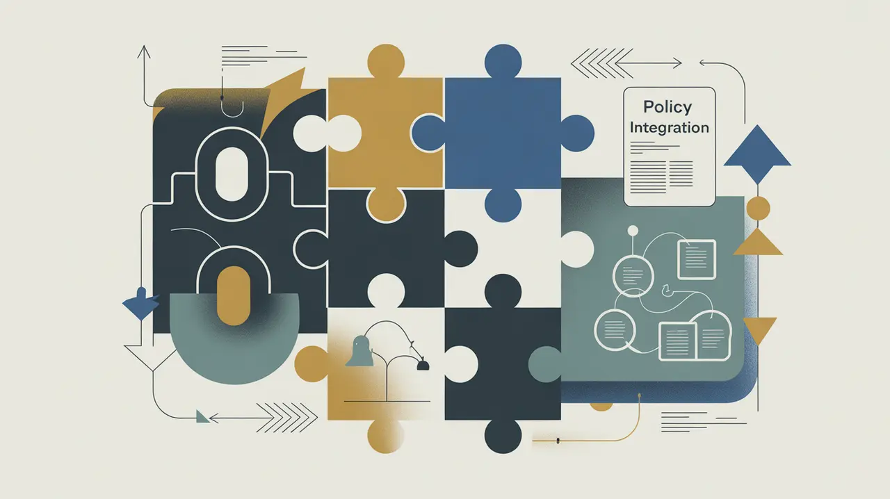 Collage of interlocking puzzle pieces flowchart and government report with abstract arrows
