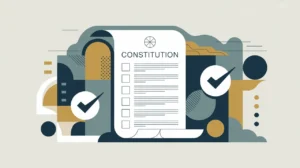 Illustration of ballot paper constitution and balanced scales with equality icons